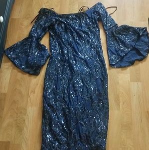 Navy blue, sequined, off the shoulder dress